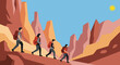 © amel - Group of hikers with backpacks trekking through a rocky canyon. Flat vector illustration of people exploring nature.