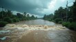 © Leonardo - Inundación repentina causada por lluvias torrenciales, río desbordado que atraviesa un paisaje rural, nubes de tormenta