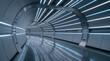 © Sulekha - Futuristic curved tunnel with metallic walls and glowing blue led light strips running along the ceiling and sides in a long corridor