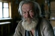 © PetrovMedia - Elderly man looking at camera, long grey beard, rustic indoor setting