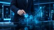 © Add Win - Corporate executive analyzing glowing virtual jigsaw puzzle pieces and financial graphs representing strategic problem solving, complex business integration, and digital workflow management