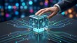 © Add Win - A businessman's hand activating a glowing AI cube, symbolizing advanced technology, data intelligence, and the future of digital innovation.
