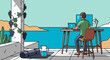 © Adriansan - Yoga mat and water on a terrace with grapes and sea view illustration