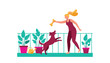 © Kazi - Woman plays with her dog on a balcony surrounded by potted plants and a watering can while holding a bone during a sunny afternoon break.