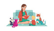 © Kazi - Young woman with a braided hairstyle reads a storybook to a small boy sitting on a rug surrounded by stuffed toy animals in a living room.