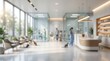 © Rajanikant - blurred modern veterinary clinic interior featuring reception desk, lounge seating, medical staff, and domestic pets in bright lobby
