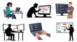 © mehdik - Professional vector collection featuring different software developer poses, coding on laptop, debugging application, standing beside programming monitor, working with multiple screens