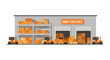 © Larisa - Smart Automated Warehouse Illustration with Autonomous Robots, Logistics Storage Racks and Loading Bays