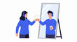 © Bungcit - Self-Confidence Concept Illustration: Woman Fist-Bumping Her Male Reflection in Mirror. Conceptual Vector Art of Empowerment, Motivation, and Mental Health Identity.