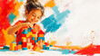 © Christelle - A happy young girl smiles while building a colorful architectural tower with wooden blocks against a vibrant artistic background with paint splashes and brush strokes.