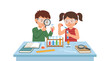 © Mas - Curious elementary children at a lab desk exploring chemical reactions with safety goggles, symbolizing hands-on STEM education and scientific discovery for educational material, school program