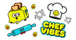 © Pixel Craft - Playful cartoon illustration featuring a surprised toaster, a rolling pin, a chef's hat with a smiley face, and 'CHEF VIBES' text, surrounded by avocado halves and splatters.