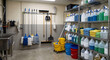 © skarida - Large janitorial supply room with stocked shelves, cleaning bottles, buckets, mops, and carts for commercial cleaning in a clean indoor maintenance setting