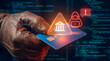 © Nusrat - Cropped view of gloved hand holding credit card with bank and hacker hologram, concept of financial data security threat and cyber attack on computer code screen.
