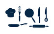 © Sayma Akter - Hand drawn kitchen tools silhouettes set with chef hat whisk frying pan rolling pin and knife icon.