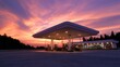 © Anat art - Golden hour sunlight casts warm colors over a clean and modern gas station with glowing pumps and an empty forecourt at sunset.