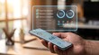 © Stock iT - Hand holding smartphone showing holographic project management dashboard for business planning and progress monitoring.