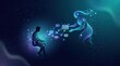 © Anat art - A human figure sits in a dark space while a digital figure reaches out, sharing data and ideas. This scene explores AI governance and literacy.