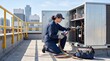 © Alexandr - Female HVAC Technician Servicing Rooftop Unit on Commercial Building