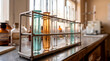 © Rendara Studio - Vintage test tube rack with colored solutions on an antique laboratory bench
