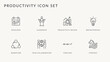 © Naaf - Minimalist productivity icon set featuring eight business and teamwork concepts in flat line style . Vector Flat Illustration.