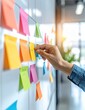 © Mandan - Person placing colorful sticky notes on whiteboard for agile project management and task planning, brainstorm session, office productivity, workflow organization
