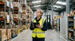 © Chayanan - Employee managing warehouse logistics with focus using digital tablet amid bustling energy. Focused