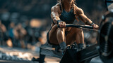 HYROX style cardio training, athlete performing SkiErg workout.	
