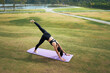 © PaeGAG - Woman practicing yoga three-legged downward dog pose outdoors
