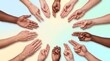 © Abdul - Diverse group of people from different ethnicities reaching out with open hands in a circle on a pastel colored background for unity and cooperation concept