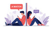 © Nizam - Young man and woman sitting back to back while using dating apps on their smartphones, finding a match through a digital platform online.