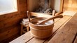 © D-point - Wooden bucket with ladle in sauna room. Spa interior with steam and hot stones. Relaxation and healthy lifestyle concept. Traditional thermal bath accessories for wellness procedure.