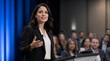 © Daniyal - Confident female executive speaks at a podium before a blurred conference audience, ideal for leadership, corporate training, and public speaking campaigns.