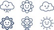 © MSTHAZARA Studio - Set of six cute weather featuring smiling clouds flowers and suns with dark blue outlines on a white background in a simple flat style for children and educational