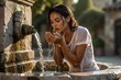 © lamio - Afa e calura estiva: giovane donna che si rinfresca e si disseta in una fontana