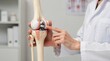 © Vicentia - Doctor pointing at a metallic implant within a plastic knee joint anatomy model during a medical consultation, clinic background, concept of orthopedic surgery and recovery.