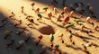 © RazakRuzi - Ant colony working together, carrying food items and building near their nest entrance