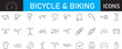 © Amna - Bicycle components and cycling equipment icons set. Bike maintenance tools, rider clothing accessories, safety gear, and thin line art vectors.