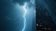 © Leonardo - Fachada de un rascacielos moderno iluminada por múltiples rayos tras oscuras nubes de tormenta