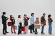 © Lustre Art Group  - Diverse shoppers and workers waiting in line with purchases and business accessories. Concept of checkout queues, service delays, customer flow, retail demand and waiting time.