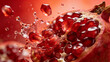 © SHEN - The juicy red pomegranate splashes with fresh juice, representing the concept of pomegranate polyphenols, antioxidant anti-aging and rejuvenating mature muscles