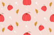 © Нигина Раджабова - Aesthetic pink autumn pumpkin seamless pattern, cute cozy fall harvest doodle vector ornament for thanksgiving textile design