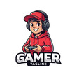© azkiya std - Cartoon Gamer Boy Mascot Logo Design Wearing Red Hoodie and Headphones.
