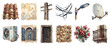 © eclipse - Old building elements icons set. Architectural details and urban infrastructure concept. Includes roof tiles, cracked wall, utility pole, tangled wires, street light, satellite dish, air