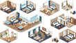 © AdhinChandra - Luxury hotel rooms and cruise ship suites isometric vector set featuring bedroom interiors penthouse terrace spa bathroom and lounge for hospitality branding templates