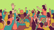 © NayaiP - Illustration vectorielle d'une foule diversifiée de personnes enthousiastes levant les mains lors d'un concert ou d'un festival de musique en plein air avec une ambiance festive et joyeuse.