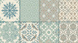 © Feryu - Eine Sammlung von dekorativen Fliesenmustern mit Schneeflocken, Vögeln und floralen Ornamenten in einer eleganten Farbpalette aus Blau, Beige und Creme für stilvolle Innenräume.