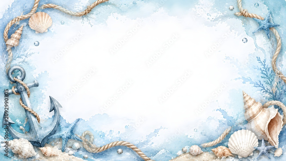 Ilustração Watercolor nautical frame with anchor, seashells, starfish ...