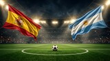 Spain vs argentina football match concept with national flags waving in a crowded stadium at night, soccer ball on the pitch