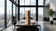 © R.Fauzi - A tall wooden block game on a modern office desk with a cityscape view, reflecting strategic business challenges, careful planning, and the concept of balance